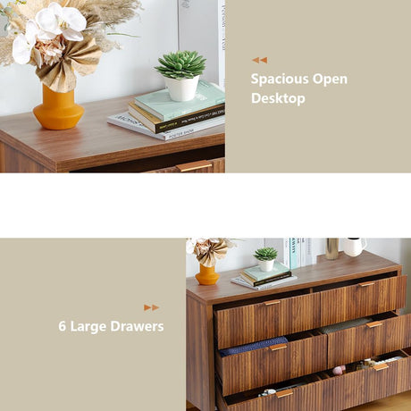 6 Drawer Dresser Cabinet, Long Nightstand with Drawers and Storage Cabinet, Farmhouse Solid Wood Dresser TV Stand, Mid Century Modern Nightstand with affeivul