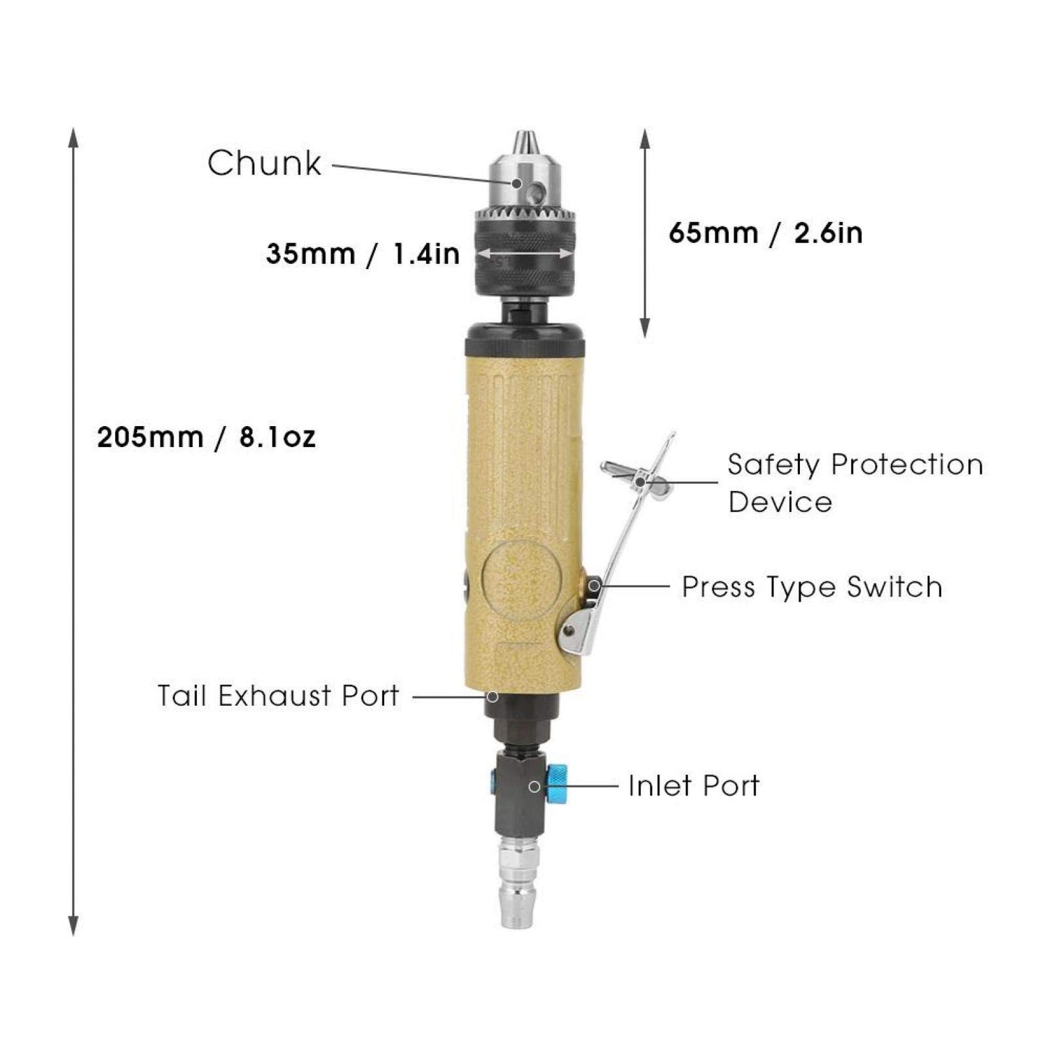1Pcs 3/8Inch Straight Typed High Speed Power Drill, 22000RPM Powerful Air Drill Pneumatic Drill With 1/4'' Intake Powerful Aerodynamic For KUIDAMOS