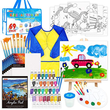 69 Pack Kids Paint Set, Shuttle Art Art Set for Kids with 30 Colors Acrylic Paint, Wood Easel, Canvas, Painting Pad, Brushes, Palette and Smock, Shuttle Art