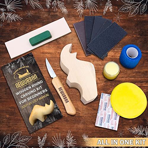 Wood Carving Kit for Beginners - Whittling kit with Rhino - Linden Woodworking Kit for Kids, Adults - Wood Carving Stainless Steel Knife with Wooden NEWURBAN