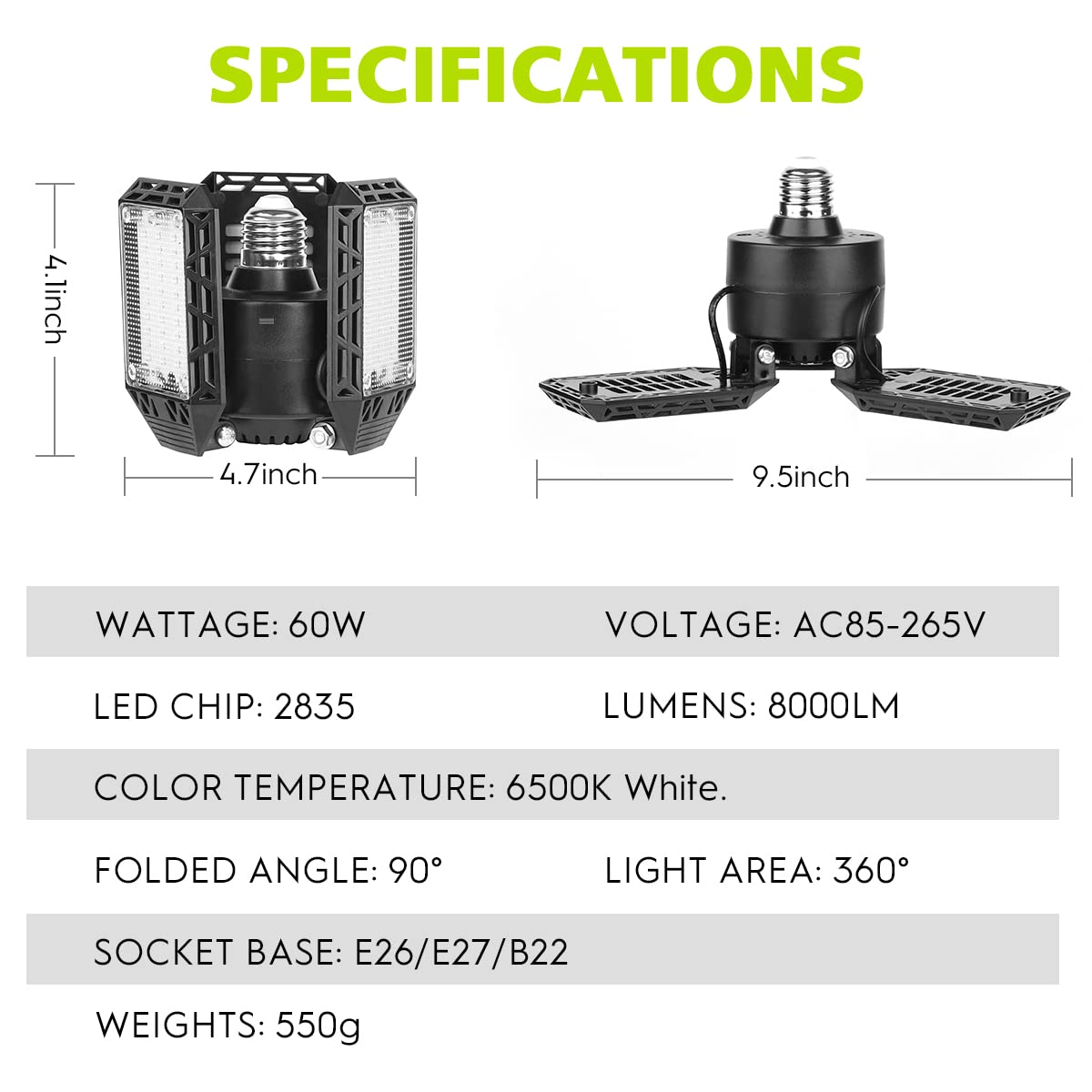 4 Pack Led Garage Lights, 60W Deformable Garage Ceiling Light 8000lm E26 Basement Lights with 3 Adjustable Led Panels 270° – Fits for Garage, CHAREADA