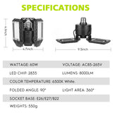 4 Pack Led Garage Lights, 60W Deformable Garage Ceiling Light 8000lm E26 Basement Lights with 3 Adjustable Led Panels 270° – Fits for Garage, CHAREADA