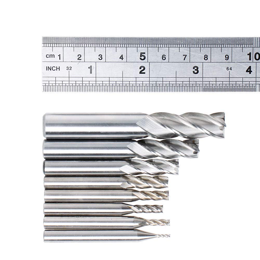 AUTOTOOLHOME 1/8" 3/16" 1/4" 5/16" 3/8" 1/2" high Speed Steel HSS 4 Flute Straight End Mill Cutter 5/32" 1/16" Set of 8 AUTOTOOLHOME