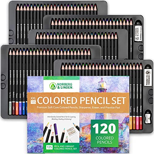 Norberg & Linden XXL 125 Colored Pencil Set - 120 Art Pencils, Drawing Paper Pad, 2 Erasers, & 2 Sharpeners - Soft Wax Core for Blending & Shading - - WoodArtSupply