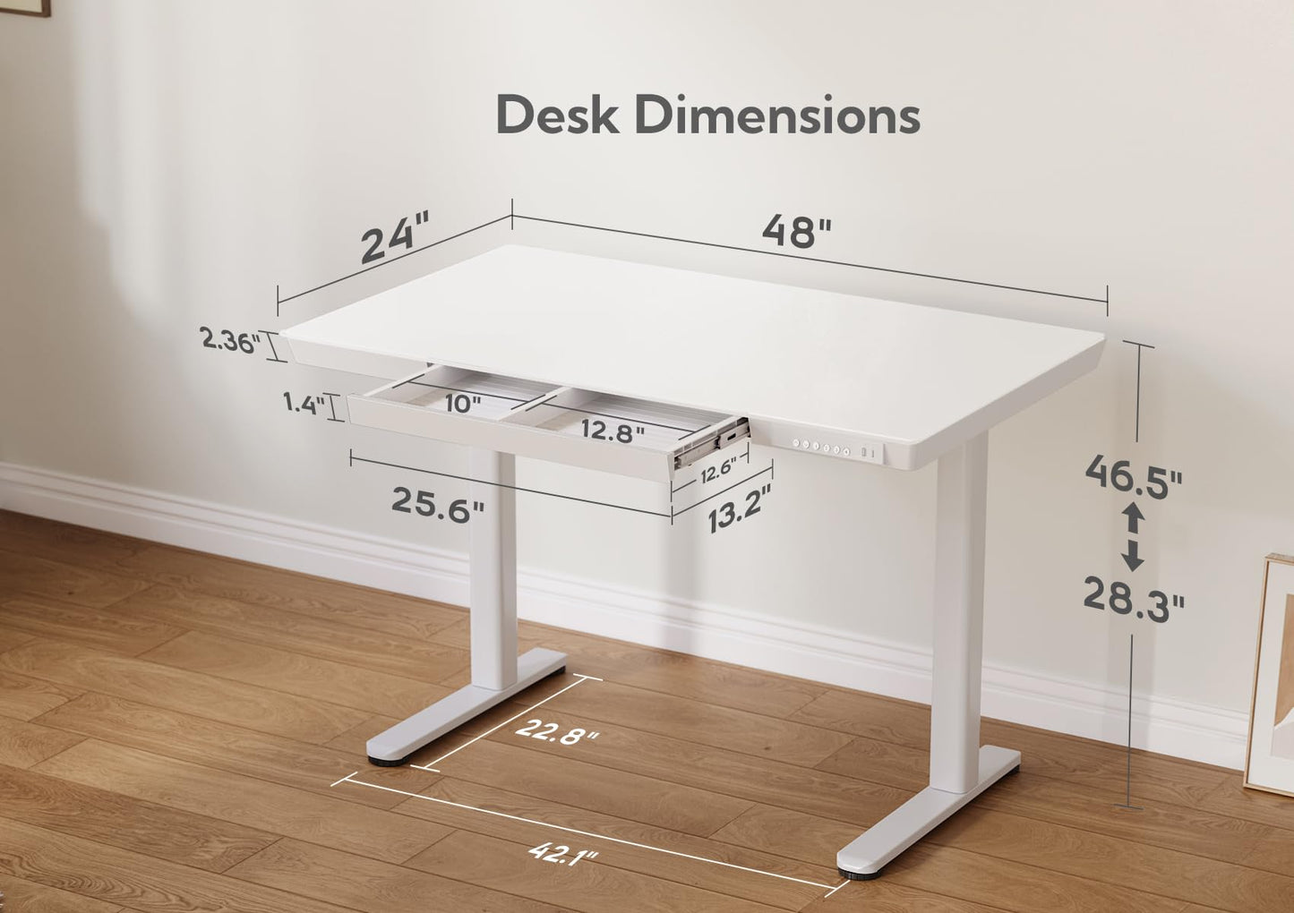 YDN Glass Standing Desk with Drawers, 48 x 24 Inch Electric Stand Up Desk with USB Ports, Adjustable Height Desk for Home Office, White - WoodArtSupply