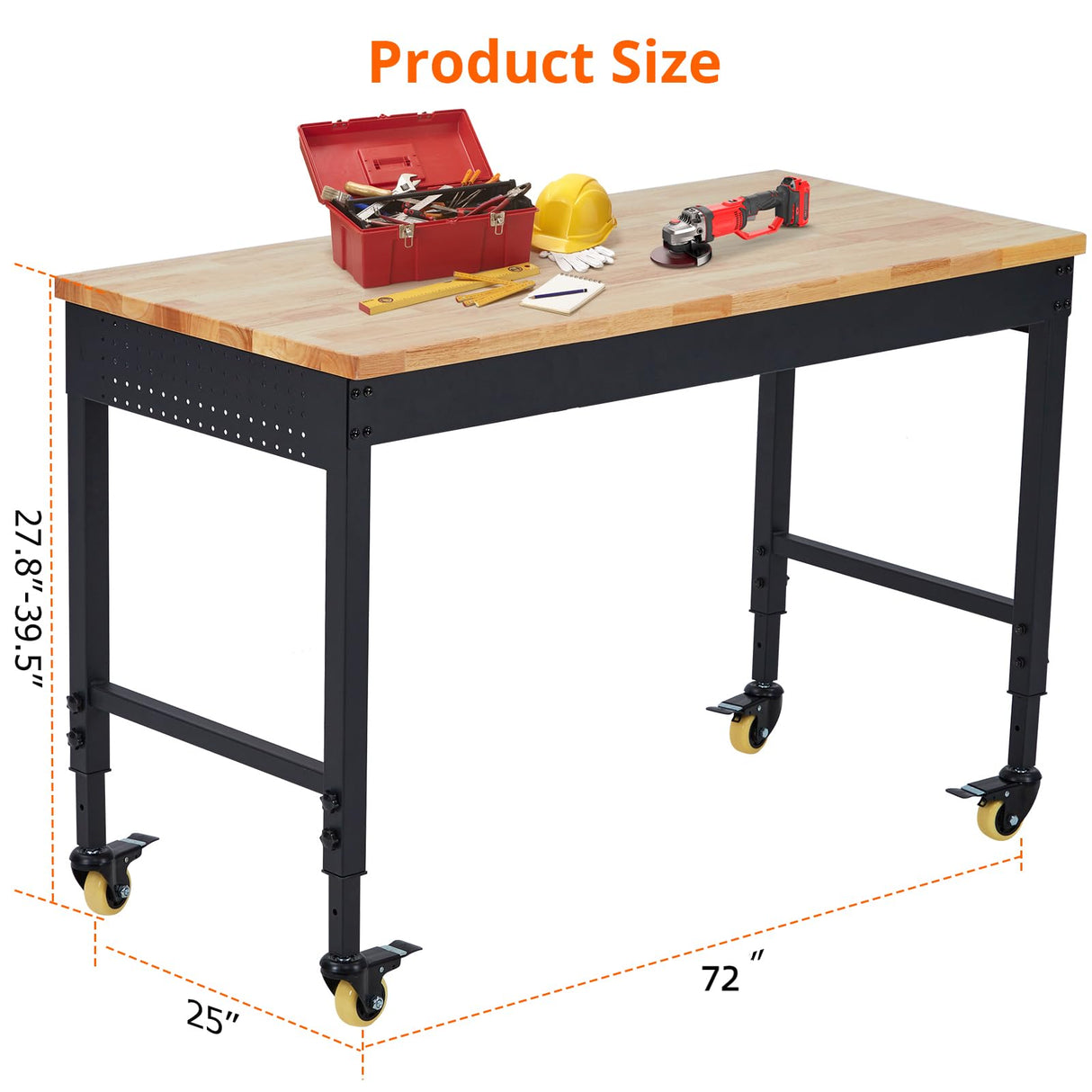 ACONEE 72" x 25" Adjustable Workbench 2000 Lbs Capacity, Rubber Wood Table Heavy Duty Workstation with Hardwood Top, Power Outlets, Metal Frame, ACONEE