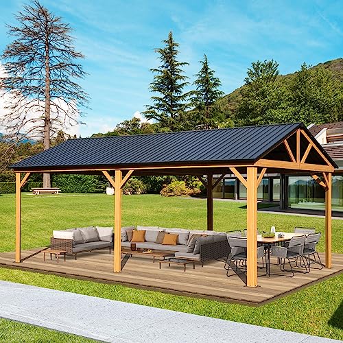 Domi 12x20FT Hardtop Gazebo, Galvanized Steel Gable Roof Gazebo Pergola with Wood Grain Aluminum Frame, Outdoor Permanent Gazebo Pavilion for Patio, - WoodArtSupply