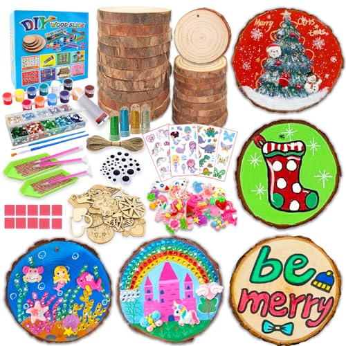 Wood Arts and Crafts Kit for Kids Girls Ages 6-8-12 Years Old-20 Unfinished Wood Slices with Painting Accessories-Fun Family Time Crafts Toys-Ideal