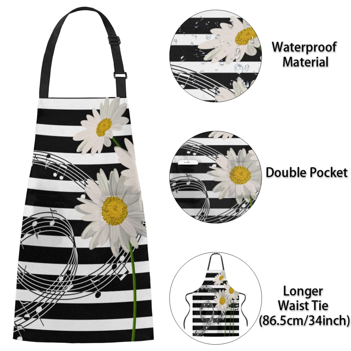 bisibuy Sunflower Music Notes Aprons for Men with Pockets Adjustable Bib Apron for Women Workshop BBQ Chef Apron Long Ties - WoodArtSupply