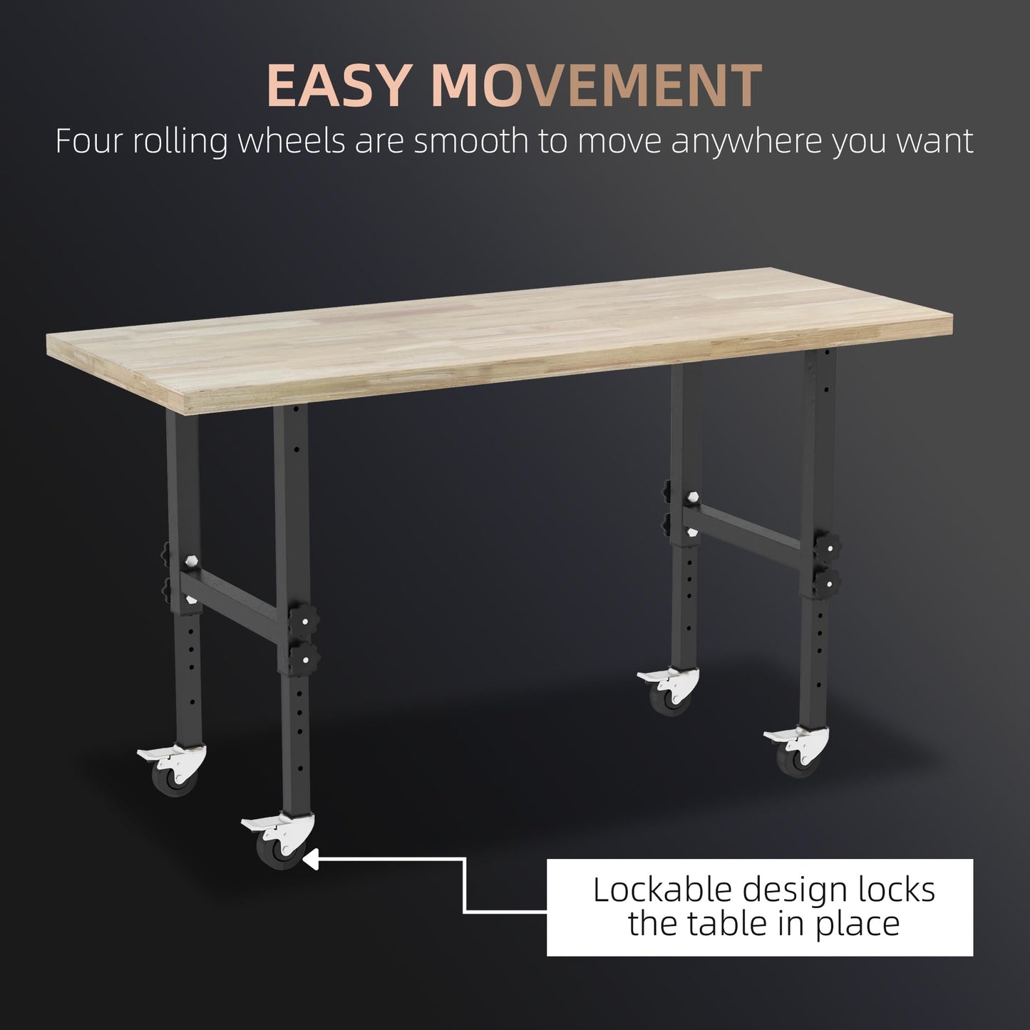 HOMCOM 59" Work Bench with Height Adjustable Legs, Bamboo Tabletop Workstation Tool Table on Wheels for Garage, Weight Capacity 1320 Lbs, - WoodArtSupply