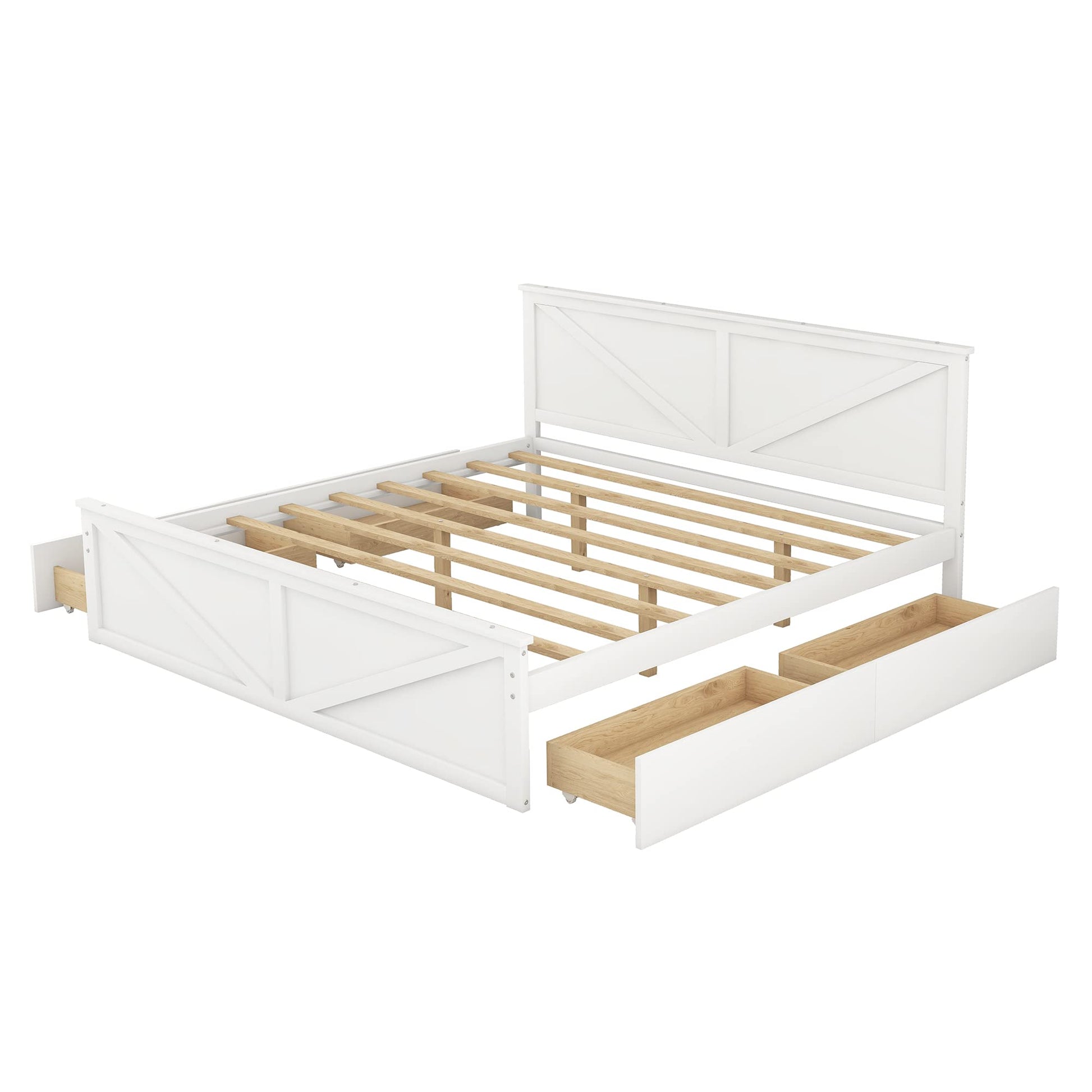 LZ LEISURE ZONE King Size Wooden Platform Bed with 4 Storage Drawers - No Box Spring Required, White - WoodArtSupply