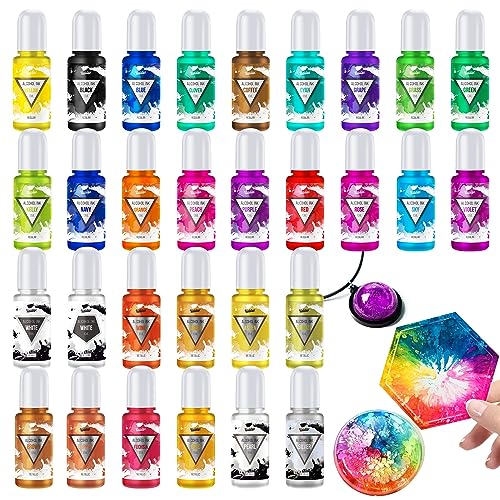 Alcohol Ink Set 30 Bottles - 20 Vibrant Color with 10 Metallic Colors Alcohol-Based Ink for Epoxy Resin Art, Resin Petri Dish Making - Alcohol Color - WoodArtSupply