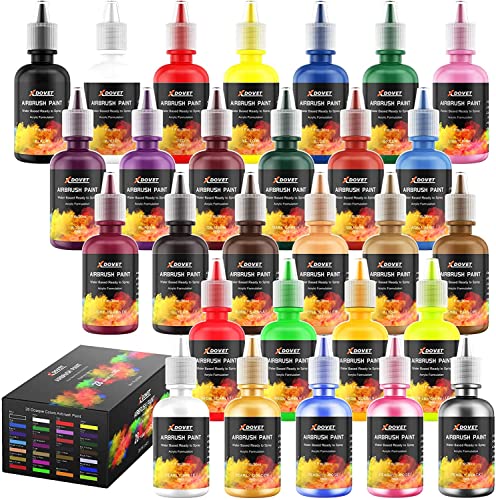 XDOVET Airbrush Paint, 28 Colors Airbrush Paint Set (30 ml/1 oz), Ready to Spray, Opaque & Neon Colors, Water-Based, Premium Acrylic Airbrush Paint - WoodArtSupply