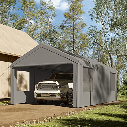 Gardesol Carport, 12'x20' Extra Large Heavy Duty Carport with Roll-up Ventilated Windows, Portable Garage with Removable Sidewalls & Doors for Car, Gardesol
