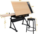 BBBuy Drafting Table Desk Art&Craft Work Station Drawing Desk Height Adjustable Tilting Tabletop Craft Table w/Stool and 2 Storage Drawers for Home BBBuy