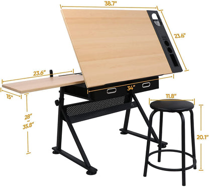 BBBuy Drafting Table Desk Art&Craft Work Station Drawing Desk Height Adjustable Tilting Tabletop Craft Table w/Stool and 2 Storage Drawers for Home