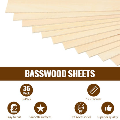 36 Pack Basswood Sheets Plywood Board 1/8 Inch Unfinished Wood Boards for Crafts for DIY Laser Projects Architectural Model Making Mini House