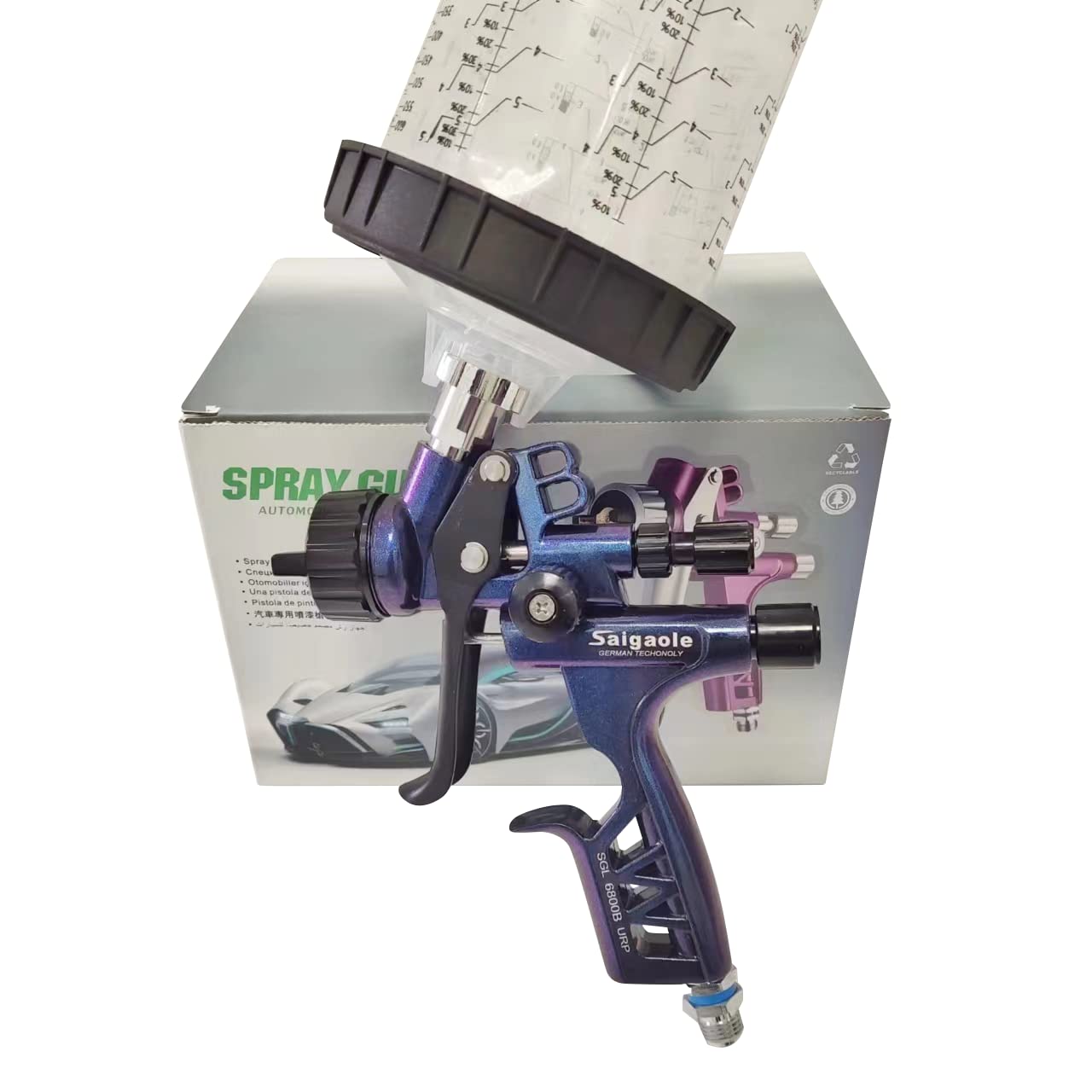 HVLP 6800B Spray Gun 1.3mm with no wash Cup and Adapter car spayer Painting Tool Spray air Paint Gun Airbrush Low Pressure 260L/MIn (Blue) Fivean