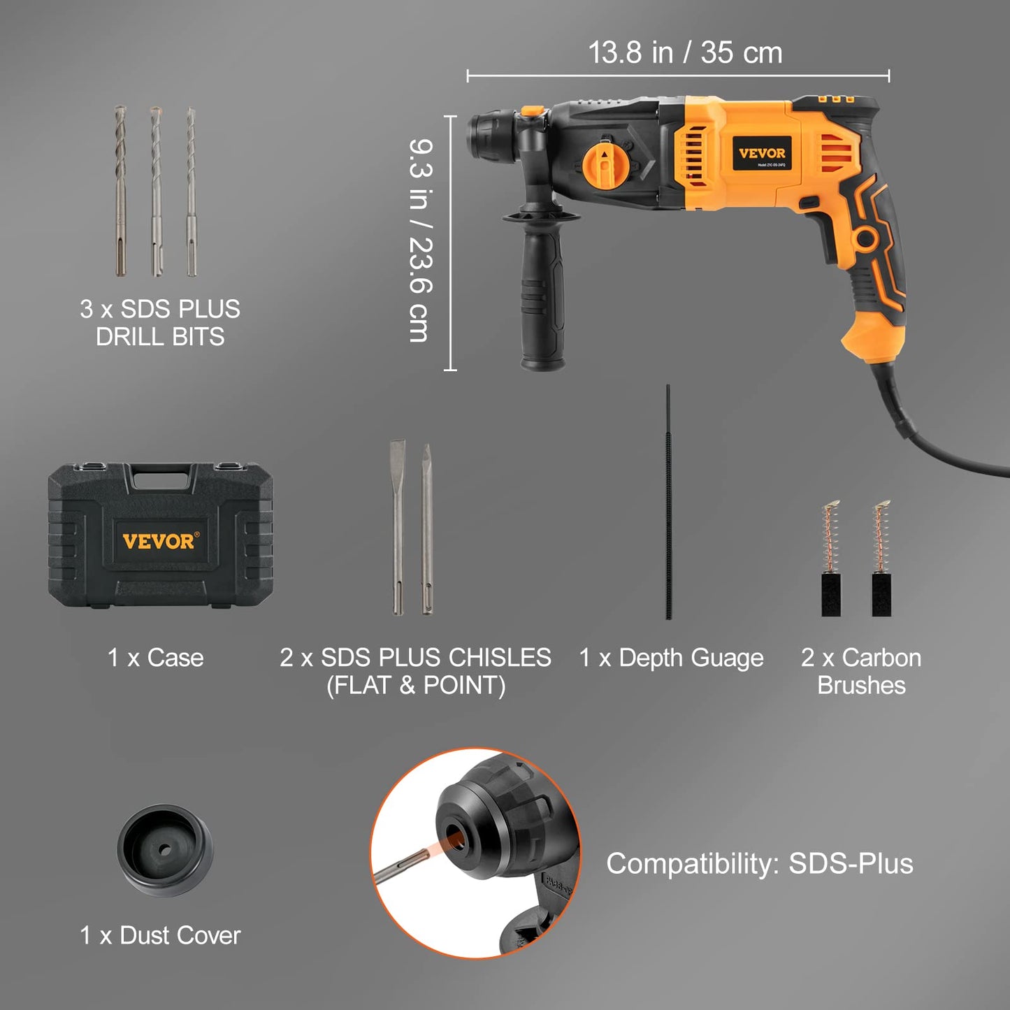 VEVOR 1 Inch SDS-Plus Rotary Hammer Drill, 8 Amp Corded Drills, Heavy Duty Chipping Hammers w/Safety Clutch, Electric Demolition Hammers, Taladro - WoodArtSupply