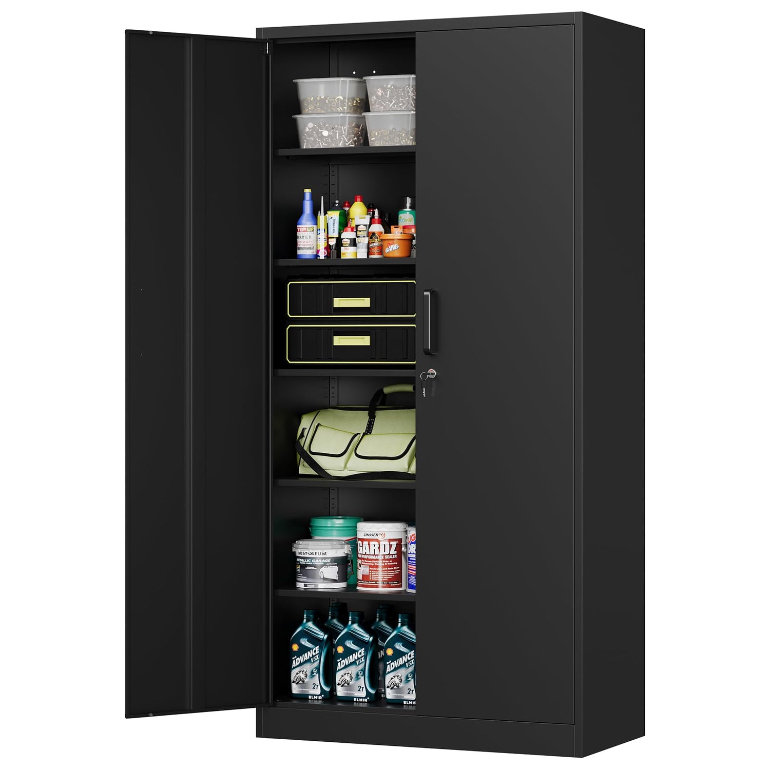 MIIIKO Black Garage Storage Cabinet with Doors and 5 Shelves, 72" Tall Steel Cabinet Tool Storage, Lockable Metal Utility Cabinet for Garage, Office, MIIIKO