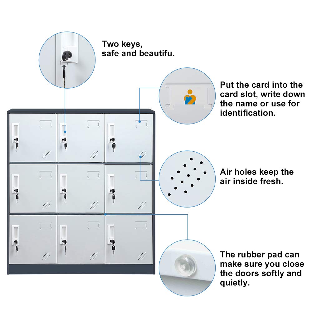 WISUNO 9 Doors Metal Storage Cabinet with Card Slot, Organizer,Shoes and Bags Steel Locker for Office, Home, Bank, School, Gym (Gray) WISUNO