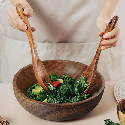 AOOSY Wooden Salad Bowls, Large Acacia Wood Salad Serving Bowl with Serving Tongs, 9.3" D x 2.8" H Round Bowls Set for Mixing Fruits Cereal Pasta - WoodArtSupply