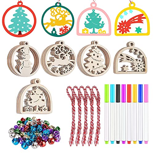 Artmag 50pcs Unfinished Wooden Hanging Ornaments for Christmas Decorations,5 Styles DIY Wood Slices with Holes for Kids Crafts Centerpieces Holiday Artmag