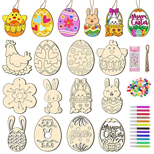 TREACLUB 36PCS Unfinished Wood Easter Ornaments, 12 Styles DIY Easter Eggs Bunny Chick Hanging Ornaments with Stickers Colored Pen Pom-poms Cutouts