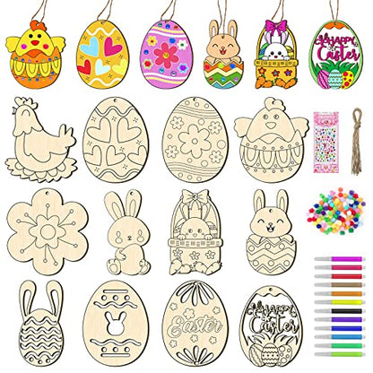TREACLUB 36PCS Unfinished Wood Easter Ornaments, 12 Styles DIY Easter Eggs Bunny Chick Hanging Ornaments with Stickers Colored Pen Pom-poms Cutouts