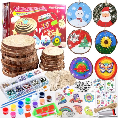 Christmas Wooden Arts and Crafts Kits for Kids Ages 6-8 Girls, 10 DIY Wood Slices with Gem Painting, Christmas Crafts Activities Gifts for Girls - WoodArtSupply