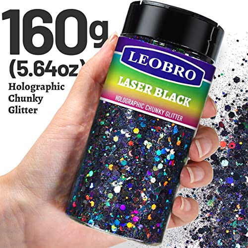 LEOBRO Black Glitter, Holographic Chunky Glitter, 160G/5.64OZ Glitter, Craft Glitter for Resin, Metallic Iridescent Chunky Fine Glitter Sequin Flake - WoodArtSupply