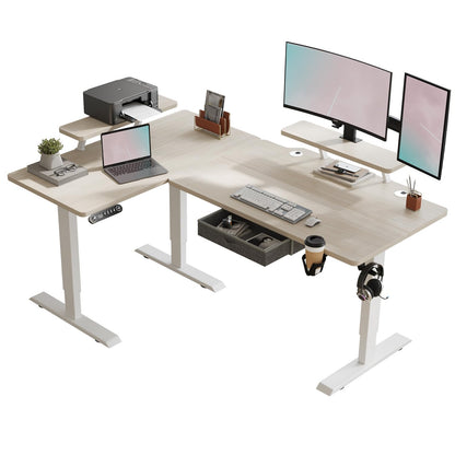 BUNOEM Extra Large 63x28 in Electric L-Shaped Standing Desk with One Drawer, Sit & Stand Home Office Desk with Storage Space, Splice Board with White - WoodArtSupply