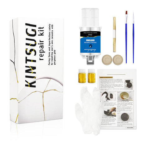 Kintsugi Repair Kit Gold, Japanese Kintsugi Kit to Improve Your Ceramic, Repair Your Meaningful Pottery with Gold Powder Glue, Perfect for Beginners 1DFAUL
