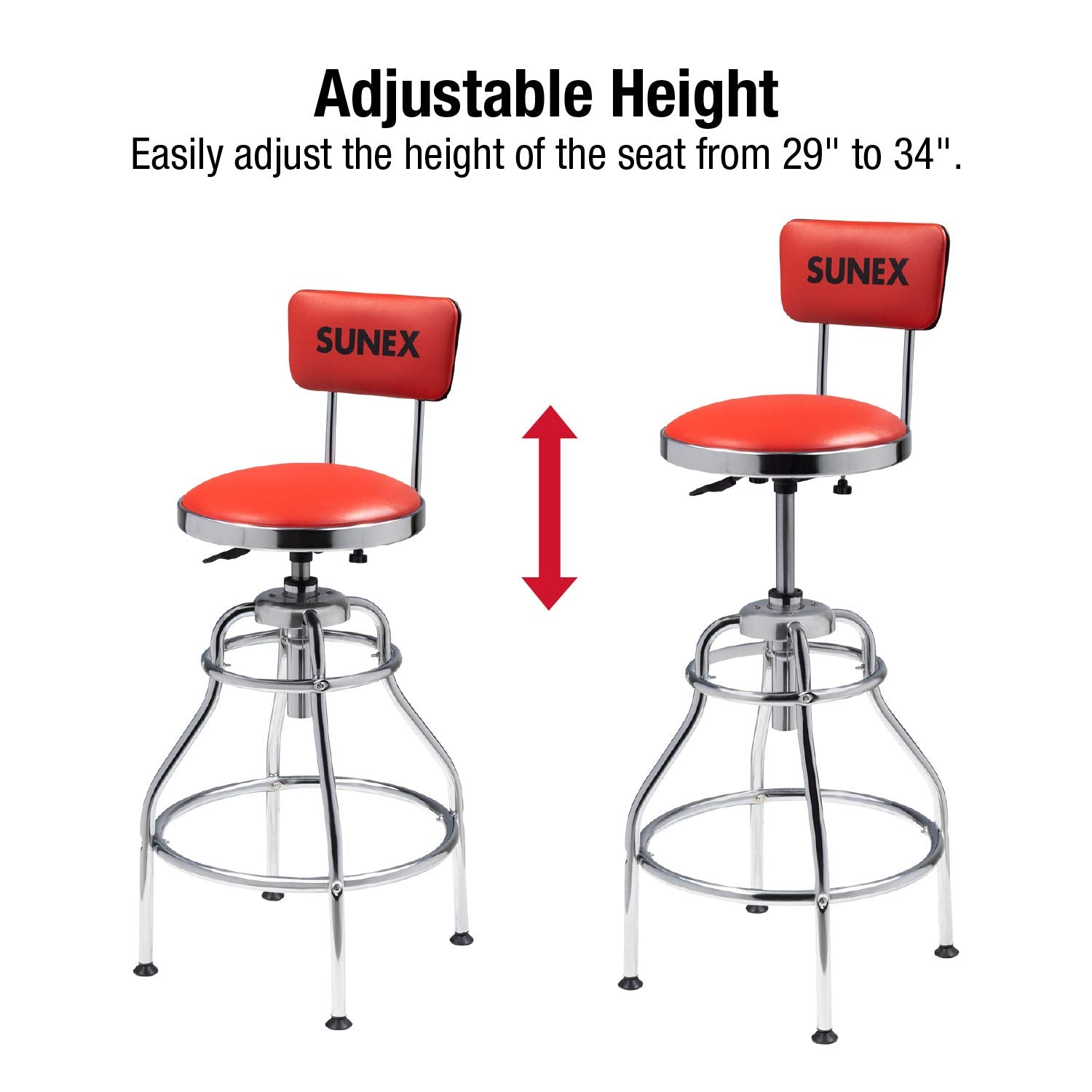 SUNEX TOOLS 8516 Hydraulic Shop Stool, High-Polished Chrome Finish, Hydraulic Seat Adjustment, Vinyl Padded Adjustable Seat and Backrest, Slip Sunex Tools