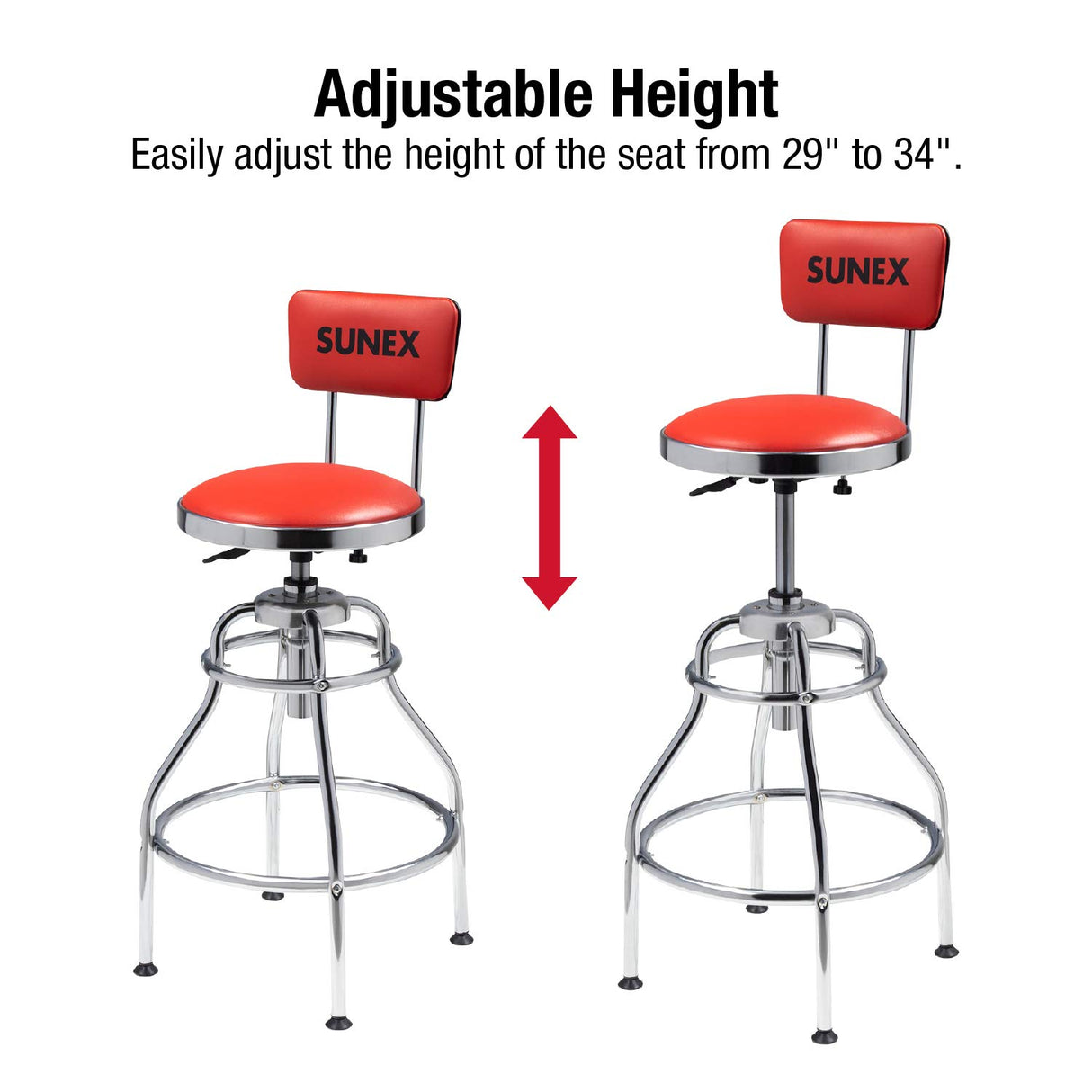 SUNEX TOOLS 8516 Hydraulic Shop Stool, High-Polished Chrome Finish, Hydraulic Seat Adjustment, Vinyl Padded Adjustable Seat and Backrest, Slip Sunex Tools