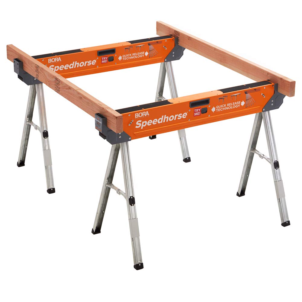 Bora Portamate Speedhorse Sawhorse Pair– Two Pack, Table Stand with Folding Legs, Metal Top for 2x4, Heavy Duty Pro Bench Saw Horse for Woodworking,