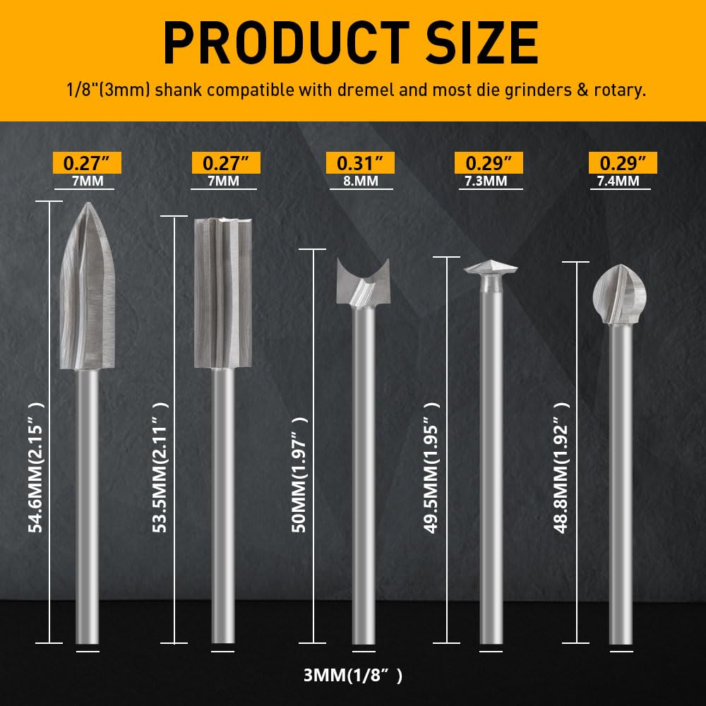 Wood Carving Drill Bits Set Compatible with Dremel Rotary Tool 5 Different Engraving Drill Accessories Bit Wood Grinding Woodworking Tool with 0.3mm FOTYBEI