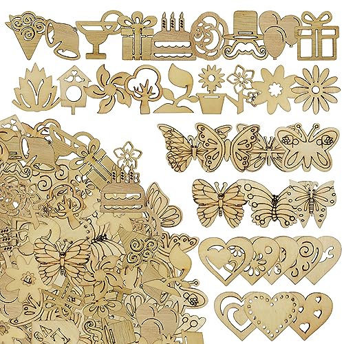 DIYOMR 200Pcs Hollow Wood Pieces Unfinished Wooden Vintage Embellishments Decorative Accessories for Graffiti Home Decor DIY Scrapbooking Handmade
