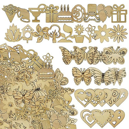 DIYOMR 200Pcs Hollow Wood Pieces Unfinished Wooden Vintage Embellishments Decorative Accessories for Graffiti Home Decor DIY Scrapbooking Handmade