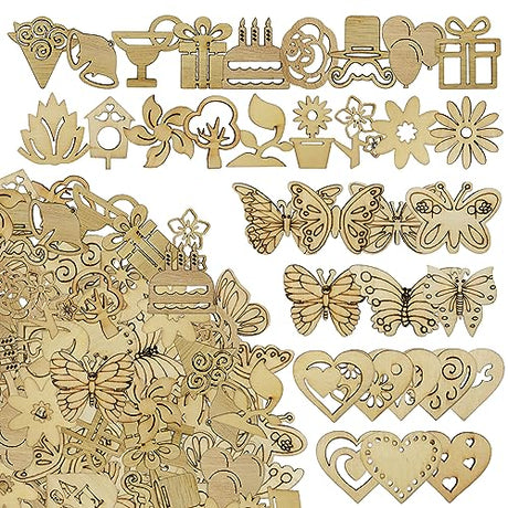 DIYOMR 200Pcs Hollow Wood Pieces Unfinished Wooden Vintage Embellishments Decorative Accessories for Graffiti Home Decor DIY Scrapbooking Handmade DIYOMR