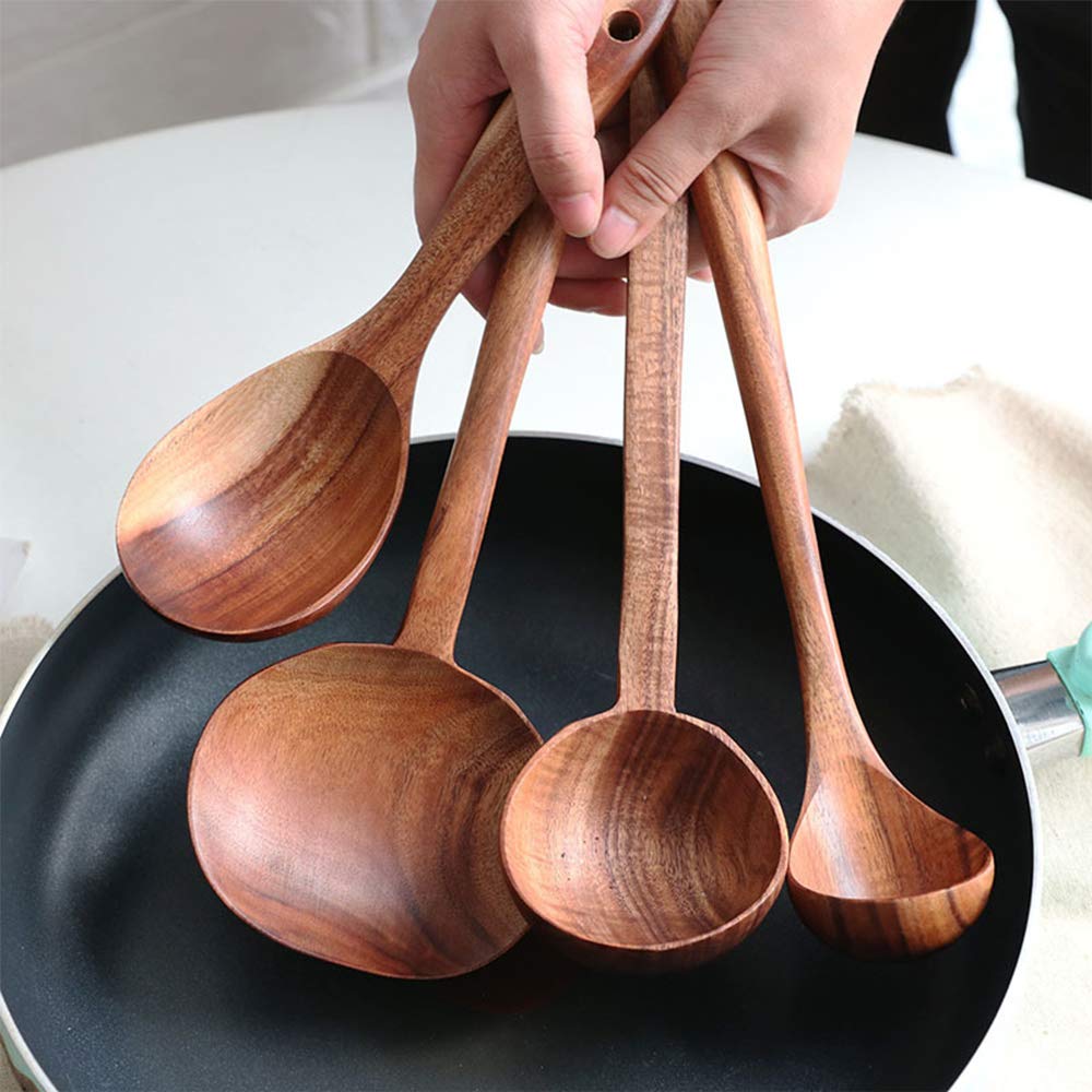 FJNATINH Wooden Soup Ladle Set, Kitchen Spoon Set Utensils, 4 Pcs Handmade Natural Teak Cooking Spoons, Long Handle Wooden Soup Ladle Spoon FJNATINH