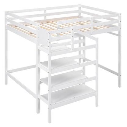 Harper & Bright Designs White Full Size Loft Bed with Stairs, Hanging Rod, and Storage Shelf for Kids - WoodArtSupply