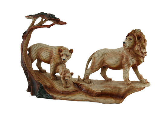 Zeckos African Lion Family Carved Wood Look Resin Statue - WoodArtSupply