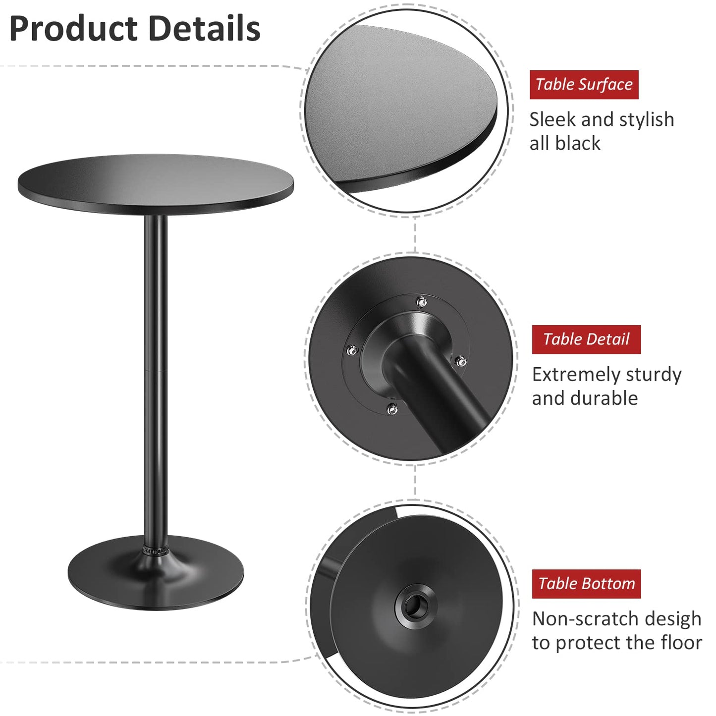 Furmax Bistro Pub Table 2 Pack Round Bar Height Cocktail Table Metal Base MDF Top Obsidian Table with Black Leg 23.8-Inch Top, 39.5-Inch Height - WoodArtSupply