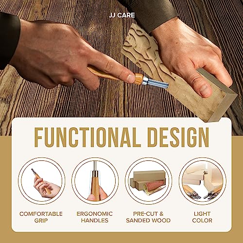 JJ CARE Wood Carving Kit [8 SK7 Carving Knives with Beechwood Handle, 10 Basswood Carving Blocks, and 1 Grinding Stone] - Beginner Wood Carving Kit, JJ CARE