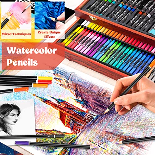 Caliart Art Supplies, 153-Pack Deluxe Wooden Art Set Crafts Drawing Painting Coloring Supplies Kit with 2 A4 Sketch Pads, Halloween Creative Gift Box Caliart