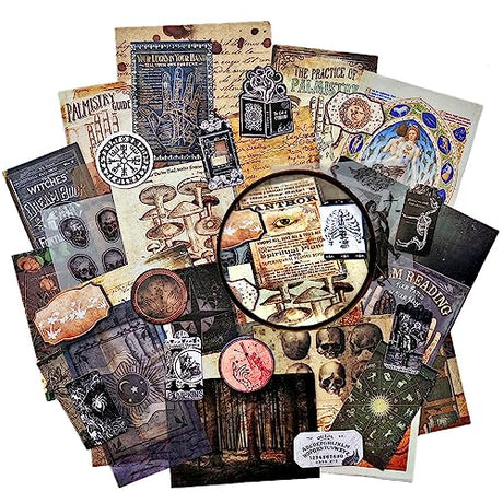 Vilikya Dark Academia Junk Journal Supplies, Vintage Skull Decoupage Paper for Scrapbook Kit, 45pcs Astrology Ephemera for Junk Journals, Mushroom Vilikya