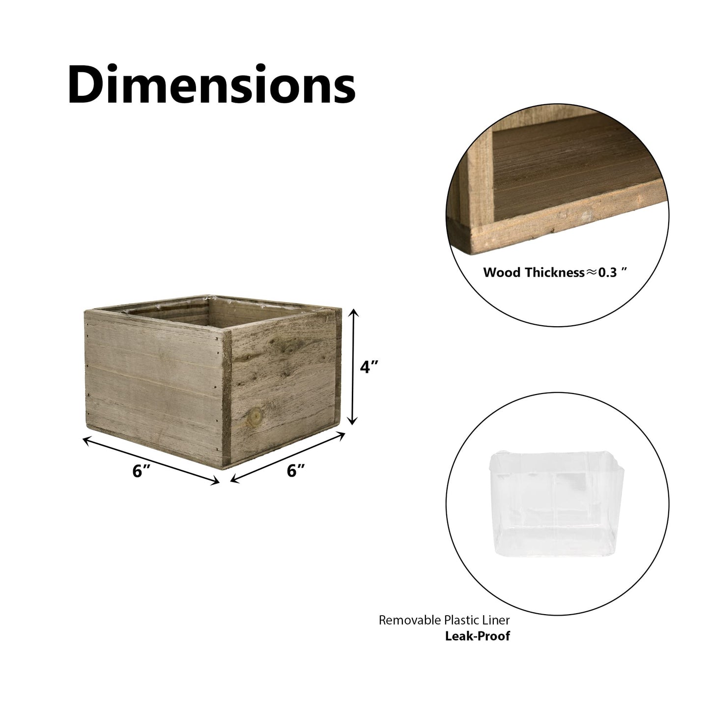 CYS EXCEL Wood Square Planter Box with Removable Plastic Liner (H:4" Open:6"x6") | Multiple Size Choices Wooden Planters | Indoor Decorative Flower - WoodArtSupply