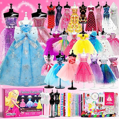 Axirata 600+PCS Fashion Design Kit for Girls Creativity DIY Arts & Crafts Kit for Kids with 4 Mannequins, Fashion Designer Sketchbook, Sewing Kit for