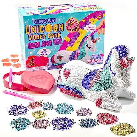 GirlZone Bling Up Unicorn Money Bank Gem Art Kit, Create Diamond Art for Kids with Over 4000 Gems and 2 Stylus for Diamond Painting Kids, Creative GirlZone